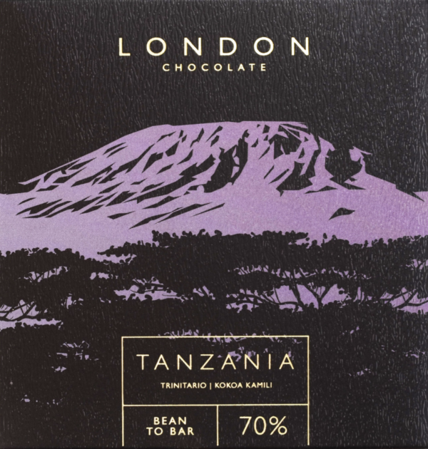 Front packaging of London Chocolate 70% Tanzania with black background and image of mountains in purple